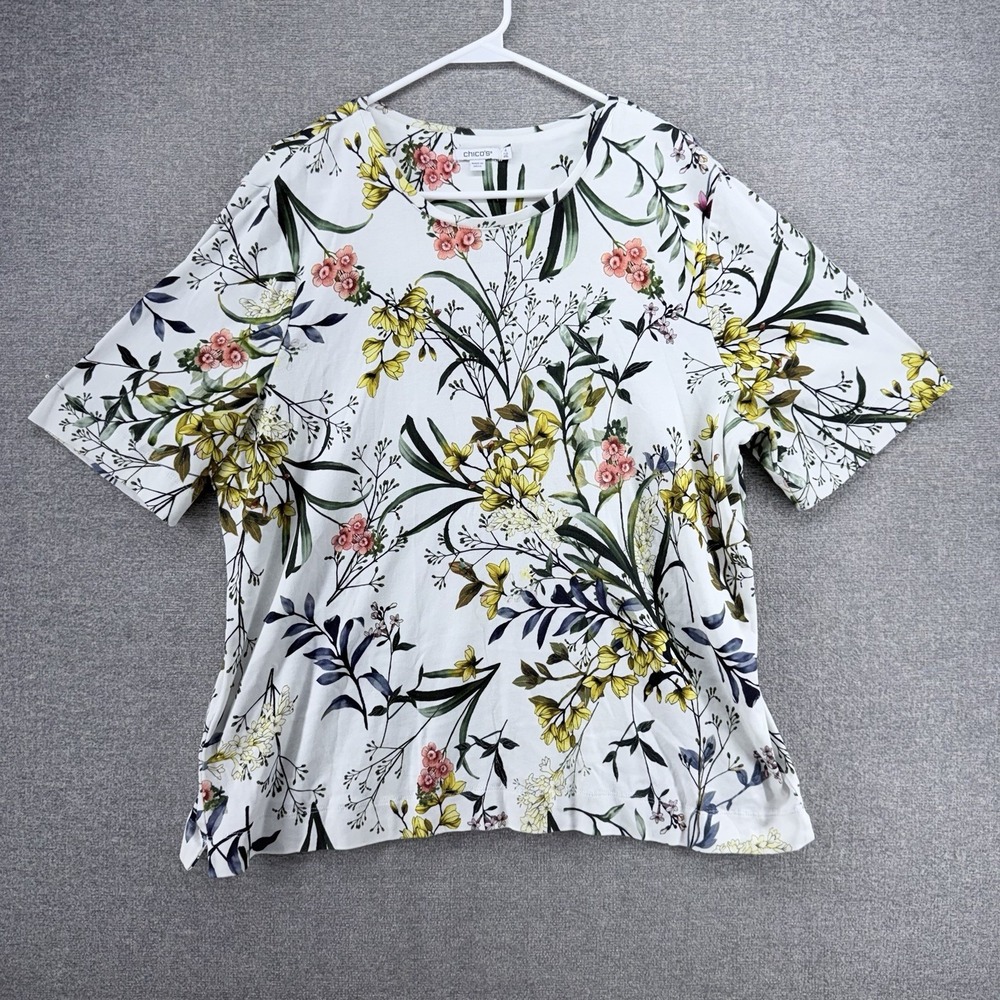 Chicos Short Sleeve Top Women Size 4/XXL White Floral Comfy Casual Pima Cotton